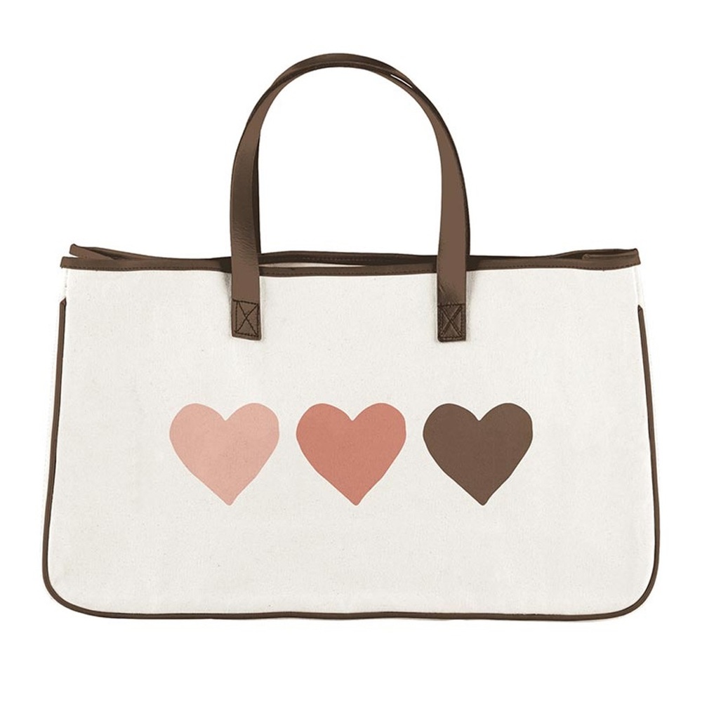 Santa Barbara canvas tote 3 hearts on front/leather handles/interior pocket-NWT
